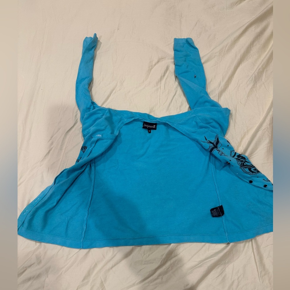 Sourpuss Turquoise Blue Graphic Button-Up Cardigan - Picture 5 of 14
